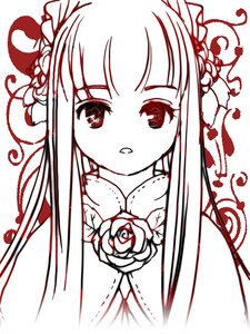 Rating: Safe Score: 0 Tags: 1girl bangs eyebrows_visible_through_hair flower hair_flower hair_ornament image long_hair looking_at_viewer monochrome parted_lips red_flower red_rose rose shinku solo upper_body User: admin