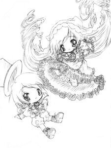 Rating: Safe Score: 0 Tags: 2girls angel angel_wings boots chibi dress drill_hair frills full_body greyscale halo hat image long_hair long_sleeves looking_at_viewer monochrome multiple_girls pair souseiseki standing suiseiseki very_long_hair wings User: admin