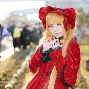 Rating: Safe Score: 0 Tags: 1girl artist_name bangs blonde_hair blue_eyes blurry blurry_background blurry_foreground bonnet depth_of_field dress flower hat long_hair long_sleeves looking_at_viewer outdoors photo red_dress shinku solo watermark User: admin
