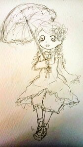 Rating: Safe Score: 0 Tags: 1girl :d blush bow dress flower full_body hair_ornament holding holding_umbrella image kanaria long_sleeves looking_at_viewer open_mouth parasol rain shared_umbrella short_hair sketch smile solo standing traditional_media umbrella User: admin