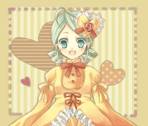 Rating: Safe Score: 0 Tags: 1girl :d ahoge blush bow dress flower frills green_eyes green_hair heart image kanaria long_sleeves looking_at_viewer open_mouth puffy_sleeves ribbon rose smile solo striped striped_background upper_body vertical_stripes yellow_dress User: admin