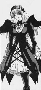 Rating: Safe Score: 0 Tags: 1girl black_wings dress frills full_body greyscale hairband image long_hair long_sleeves looking_at_viewer monochrome simple_background solo standing suigintou wings User: admin