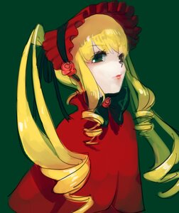 Rating: Safe Score: 0 Tags: 1girl blonde_hair blue_eyes bonnet bow dress drill_hair flower green_background image long_hair long_sleeves looking_at_viewer red_dress rose shinku simple_background solo twin_drills upper_body User: admin