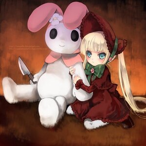 Rating: Safe Score: 0 Tags: 1girl blonde_hair blue_eyes bow bowtie capelet cup dress flower frills green_bow image long_hair long_sleeves looking_at_viewer red_dress shinku sitting solo stuffed_animal twintails User: admin