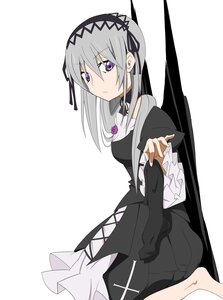 Rating: Safe Score: 0 Tags: 1girl dress flower frills gothic_lolita hairband image lolita_fashion long_hair long_sleeves looking_at_viewer purple_eyes ribbon silver_hair simple_background sitting solo suigintou white_background User: admin