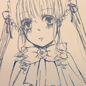 Rating: Safe Score: 0 Tags: 1girl bangs closed_mouth eyebrows_visible_through_hair flower hair_ribbon image long_hair looking_at_viewer monochrome ribbon rose shinku simple_background solo traditional_media upper_body User: admin