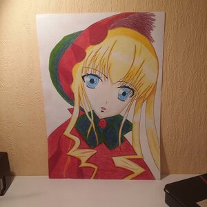 Rating: Safe Score: 0 Tags: 1girl bangs blonde_hair blue_eyes bonnet brown_background flower image long_hair looking_at_viewer photo rose shinku sidelocks simple_background solo traditional_media upper_body User: admin