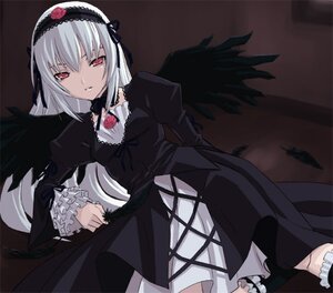 Rating: Safe Score: 0 Tags: 1girl black_dress black_wings dress feathers flower frills hairband image juliet_sleeves long_hair long_sleeves looking_at_viewer puffy_sleeves red_eyes rose rozen_maiden shimano_natsume silver_hair solo suigintou wings User: admin