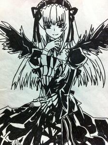 Rating: Safe Score: 0 Tags: 1girl auto_tagged black_wings blush dress feathered_wings frills greyscale hairband image long_hair long_sleeves looking_at_viewer monochrome smile solo suigintou traditional_media wings User: admin