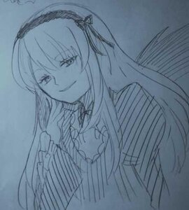 Rating: Safe Score: 0 Tags: 1girl dress hairband image long_hair long_sleeves looking_at_viewer monochrome simple_background smile solo suigintou upper_body User: admin