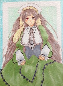 Rating: Safe Score: 0 Tags: 1girl brown_hair dress frills green_dress hat heterochromia image lolita_fashion long_hair long_sleeves looking_at_viewer ribbon solo suiseiseki traditional_media twintails very_long_hair watercolor_(medium) User: admin