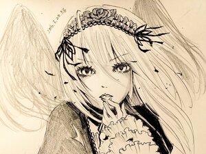 Rating: Safe Score: 0 Tags: 1girl auto_tagged bangs closed_mouth eyebrows_visible_through_hair flower hair_ribbon hairband image long_hair long_sleeves looking_at_viewer monochrome parted_lips ribbon solo suigintou traditional_media upper_body wings User: admin