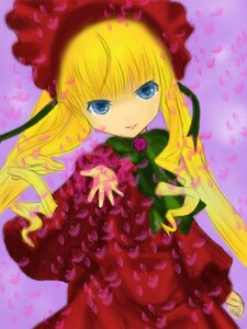 Rating: Safe Score: 0 Tags: 1girl blonde_hair blue_eyes bonnet bow dress flower image long_hair long_sleeves looking_at_viewer petals pink_flower pink_rose purple_background red_dress rose rose_petals shinku solo very_long_hair User: admin