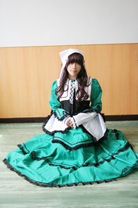 Rating: Safe Score: 0 Tags: 1girl bangs brown_hair dress frills green_dress long_hair long_sleeves sitting solo suiseiseki User: admin