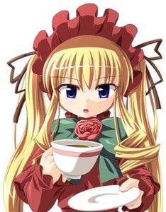 Rating: Safe Score: 0 Tags: 1girl blonde_hair blue_eyes blush bonnet bow bowtie cup dress flower holding_cup image long_hair long_sleeves looking_at_viewer open_mouth pink_rose rose saucer shinku simple_background solo tea teacup twintails User: admin
