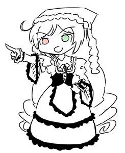 Rating: Safe Score: 0 Tags: 1girl :d dress frills full_body green_eyes heterochromia image index_finger_raised long_hair long_sleeves looking_at_viewer monochrome open_mouth pointing simple_background smile solo spot_color suiseiseki white_background User: admin