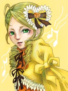 Rating: Safe Score: 0 Tags: 1girl blonde_hair dress drill_hair flower frills green_eyes green_hair hat image kanaria long_sleeves ribbon rose simple_background smile solo traditional_media twin_drills yellow_background yellow_dress yellow_theme User: admin