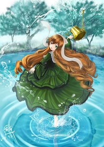 Rating: Safe Score: 0 Tags: 1girl barefoot brown_hair dress green_dress green_eyes image long_hair long_sleeves looking_at_viewer looking_back open_mouth outdoors signature smile solo suiseiseki tree very_long_hair water watering_can User: admin