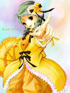 Rating: Safe Score: 0 Tags: 1girl dress flower frills green_eyes green_hair hair_ornament image index_finger_raised kanaria long_sleeves open_mouth pointing pointing_at_viewer ribbon rose smile solo yellow_dress User: admin