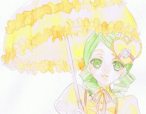 Rating: Safe Score: 0 Tags: 1girl dress flower frills green_eyes green_hair image kanaria ribbon rose short_hair solo traditional_media umbrella yellow_dress User: admin