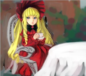 Rating: Safe Score: 0 Tags: 1girl blonde_hair blue_eyes blurry blurry_background blurry_foreground bonnet bow bowtie chair cup depth_of_field dress holding holding_cup image long_hair long_sleeves looking_at_viewer photo red_dress saucer shinku sitting solo teacup very_long_hair User: admin