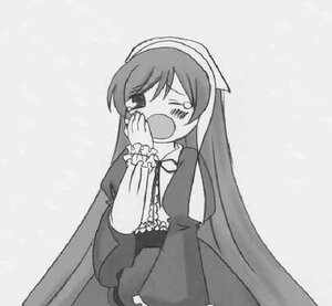 Rating: Safe Score: 0 Tags: 1girl auto_tagged crying dress greyscale image juliet_sleeves long_hair long_sleeves monochrome open_mouth simple_background solo suiseiseki tears very_long_hair yawning User: admin