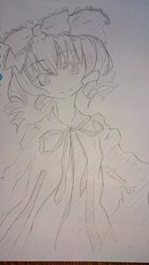 Rating: Safe Score: 0 Tags: 1girl bow dress drill_hair eyebrows_visible_through_hair graphite_(medium) hinaichigo image looking_at_viewer monochrome ribbon sketch smile solo traditional_media User: admin