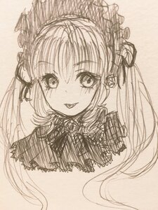 Rating: Safe Score: 0 Tags: 1girl :d blush image lolita_fashion long_hair looking_at_viewer monochrome open_mouth shinku simple_background smile solo traditional_media twintails User: admin