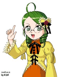 Rating: Safe Score: 0 Tags: 1girl ahoge dress drill_hair glasses green_eyes green_hair hair_ornament image kanaria long_sleeves open_mouth simple_background smile solo twin_drills upper_body white_background User: admin