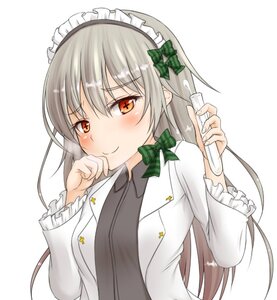 Rating: Safe Score: 0 Tags: 1girl blush bow closed_mouth eyebrows_visible_through_hair frills green_bow hair_bow image long_hair long_sleeves looking_at_viewer orange_eyes shirt smile solo striped suigintou upper_body white_background User: admin