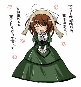 Rating: Safe Score: 0 Tags: 1girl animal_ears blush bonnet brown_hair closed_eyes costume_switch dress green_dress head_scarf image juliet_sleeves long_sleeves open_mouth smile solo suiseiseki white_background User: admin
