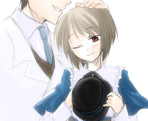 Rating: Safe Score: 0 Tags: 1boy 1girl blue_neckwear brown_hair fedora hat hat_removed headwear_removed holding_clothes holding_hat image long_sleeves necktie one_eye_closed red_eyes shirt short_hair smile solo souseiseki striped top_hat upper_body User: admin