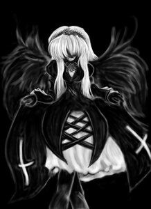 Rating: Safe Score: 0 Tags: 1girl dress full_body greyscale hairband image long_hair long_sleeves monochrome solo suigintou transparent_background wings User: admin