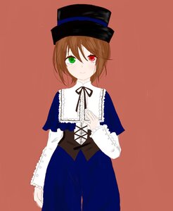 Rating: Safe Score: 0 Tags: 1girl blue_dress blush brown_hair capelet green_eyes hat heterochromia image long_sleeves looking_at_viewer red_background red_eyes ribbon short_hair simple_background smile solo souseiseki top_hat User: admin