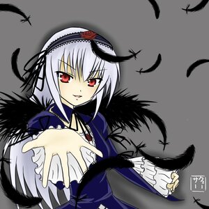 Rating: Safe Score: 0 Tags: 1girl black_feathers black_wings dress feathers frills hairband image long_sleeves looking_at_viewer red_eyes silver_hair simple_background solo suigintou tail wings User: admin