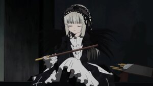 Rating: Safe Score: 0 Tags: 1girl apron bangs black_background black_dress black_ribbon black_wings closed_eyes closed_mouth dress frills hairband holding image long_hair long_sleeves puffy_sleeves sitting solo suigintou wings User: admin