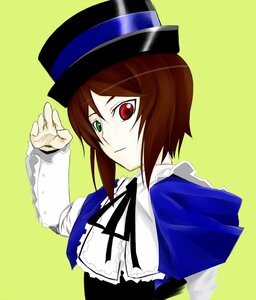 Rating: Safe Score: 0 Tags: 1girl auto_tagged blue_dress brown_hair collar frills green_background green_eyes hat heterochromia image long_sleeves looking_at_viewer red_eyes ribbon short_hair simple_background smile solo souseiseki top_hat upper_body yellow_background User: admin
