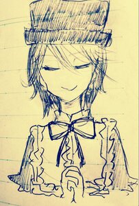 Rating: Safe Score: 0 Tags: 1girl bow closed_eyes closed_mouth hat image monochrome ribbon short_hair sketch smile solo souseiseki traditional_media upper_body User: admin