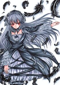 Rating: Safe Score: 0 Tags: 1girl black_wings cross-laced_clothes detached_collar dress feathers flower frills hairband image lolita_fashion long_hair long_sleeves looking_at_viewer red_eyes rose silver_hair solo suigintou traditional_media very_long_hair User: admin