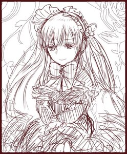 Rating: Safe Score: 0 Tags: 1girl black_border border dress gothic_lolita hairband image lolita_fashion lolita_hairband long_hair looking_at_viewer monochrome shinku sketch smile solo upper_body User: admin