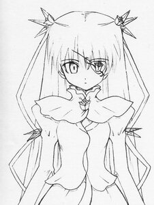 Rating: Safe Score: 0 Tags: 1girl barasuishou dress greyscale hair_ornament image long_hair long_sleeves looking_at_viewer monochrome simple_background solo standing traditional_media twintails very_long_hair User: admin