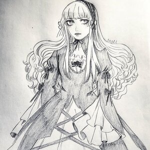 Rating: Safe Score: 0 Tags: 1girl bow dress frills graphite_(medium) greyscale hairband image joints long_hair long_sleeves monochrome solo suigintou traditional_media User: admin