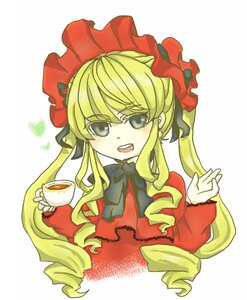 Rating: Safe Score: 0 Tags: 1girl blonde_hair bonnet bow cup drill_hair image long_hair long_sleeves looking_at_viewer open_mouth shinku simple_background solo teacup upper_body white_background User: admin