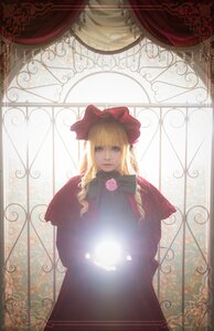 Rating: Safe Score: 0 Tags: 1girl blonde_hair blue_eyes bonnet bow capelet curtains dress flower frame long_hair looking_at_viewer rose shinku solo User: admin