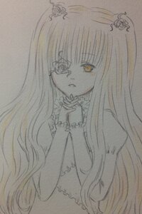 Rating: Safe Score: 0 Tags: 1girl bangs dress frills hair_ornament hands_clasped image interlocked_fingers kirakishou long_hair long_sleeves looking_at_viewer monochrome own_hands_together simple_background solo traditional_media upper_body yellow_eyes User: admin