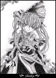Rating: Safe Score: 0 Tags: 1girl black_border bow brooch dress frills greyscale image letterboxed long_hair monochrome shikishi shinku solo striped traditional_media User: admin
