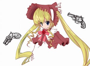 Rating: Safe Score: 0 Tags: 1girl blonde_hair blue_eyes bonnet bow bowtie dress gun image long_hair looking_at_viewer shinku simple_background solo twintails very_long_hair white_background User: admin