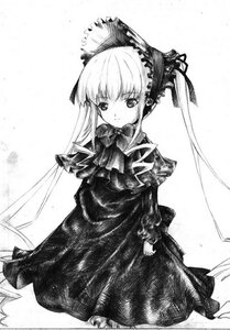 Rating: Safe Score: 0 Tags: 1girl bonnet bow bowtie dress greyscale image long_hair long_sleeves looking_at_viewer monochrome shinku sitting solo very_long_hair white_background User: admin