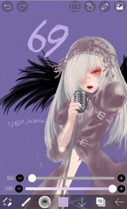 Rating: Safe Score: 0 Tags: 1girl black_dress dress frills hair_over_one_eye hairband image lolita_hairband long_hair long_sleeves looking_at_viewer microphone open_mouth purple_background red_eyes silver_hair solo suigintou User: admin