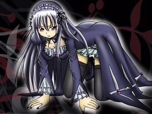 Rating: Safe Score: 3 Tags: 1girl all_fours breasts detached_collar dress frilled_sleeves frills full_body hairband image long_hair long_sleeves looking_at_viewer red_eyes ribbon silver_hair solo suigintou User: admin